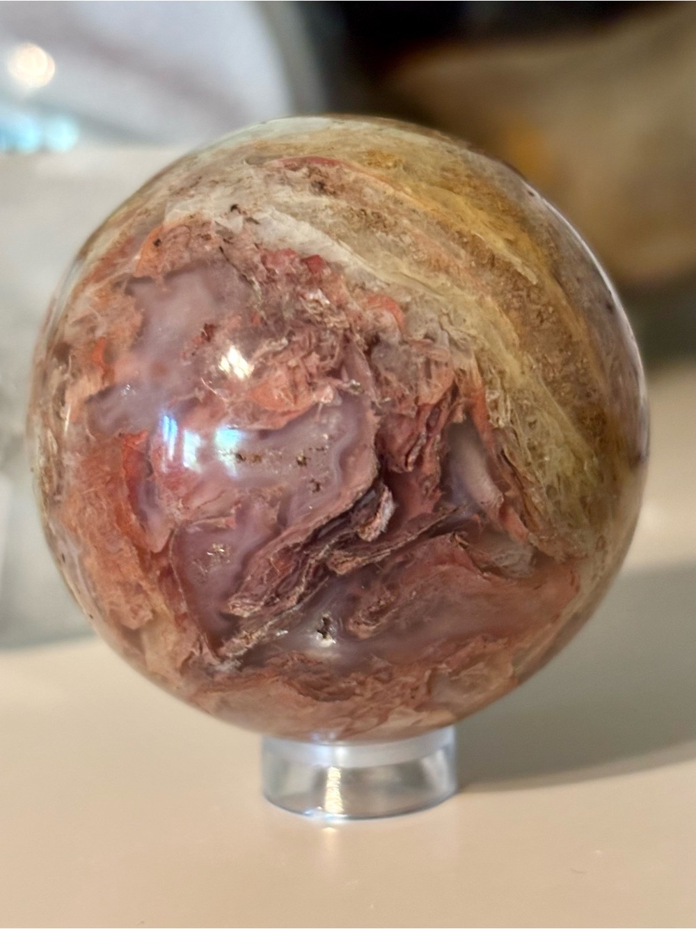 🌸 New Flower Agate (Cherry Blossom) Crystal Sphere | Druzy Pockets | w stand
